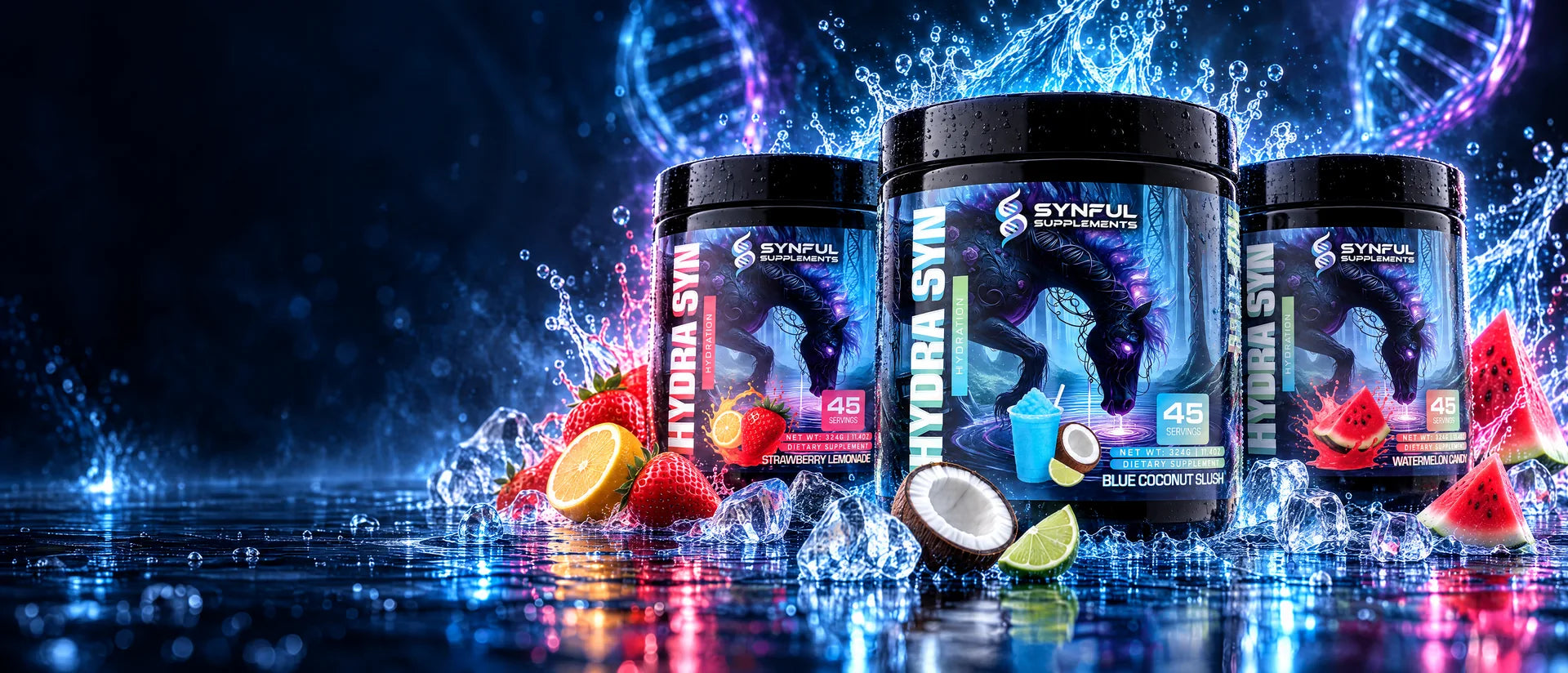 Hydra Syn hydration supplement in Strawberry Lemonade, Blue Coconut Slush, and Watermelon Candy flavors